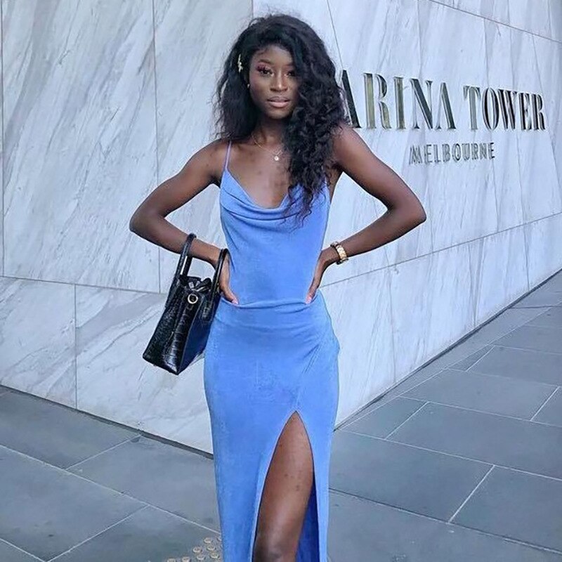 LANFUBEISI Sexy Cut Out Sling Deep V Maxi Dress Women Elegant Sleeveless Backless Club Party Holiday Split Fashion Dresses Clothes LANFUBEISI