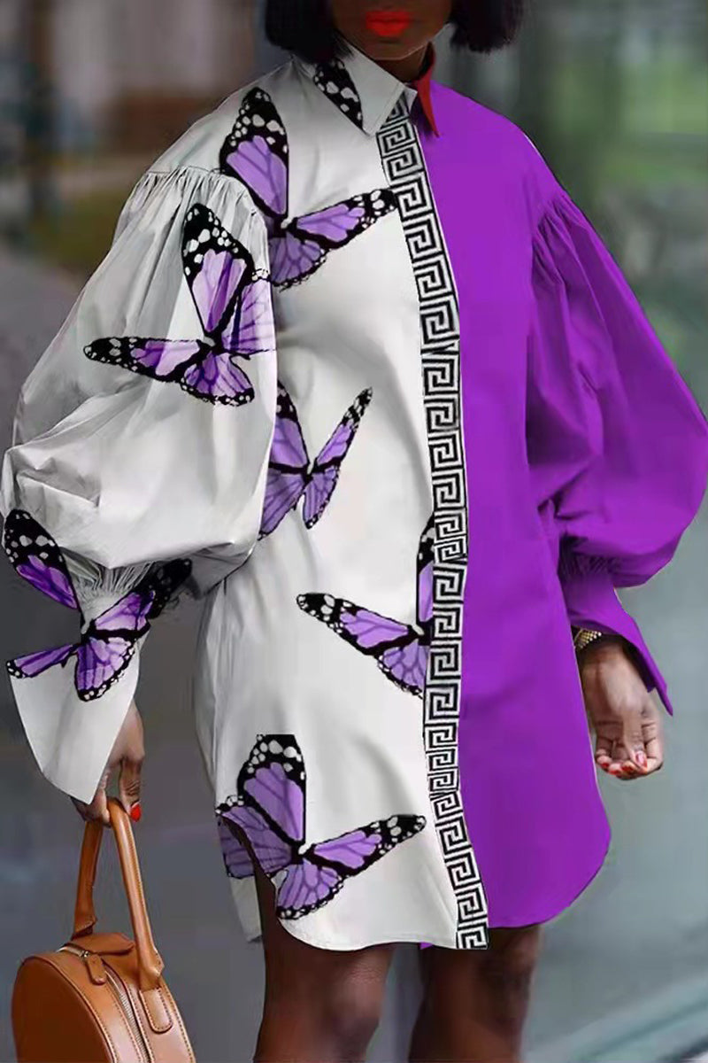 Fashion Print Split Joint Turndown Collar Tops(4 colors)