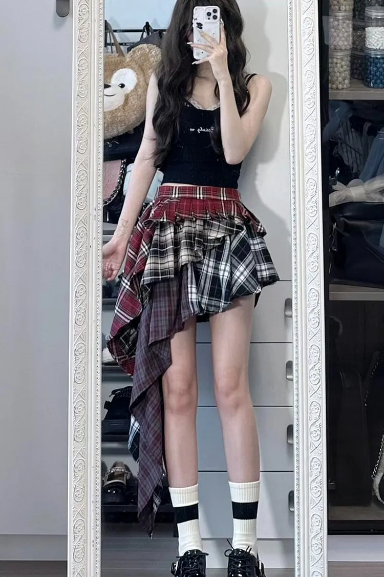 Asymmetrical Plaid Skirt with Color Blocking and Tulle Layers