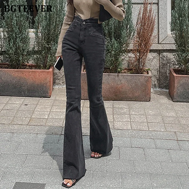BGTEEVER New Autumn Winter Stylish Women Flare Jeans High Waist Button Ladies Pant Stretched Casual Female Denim Trousers 2021