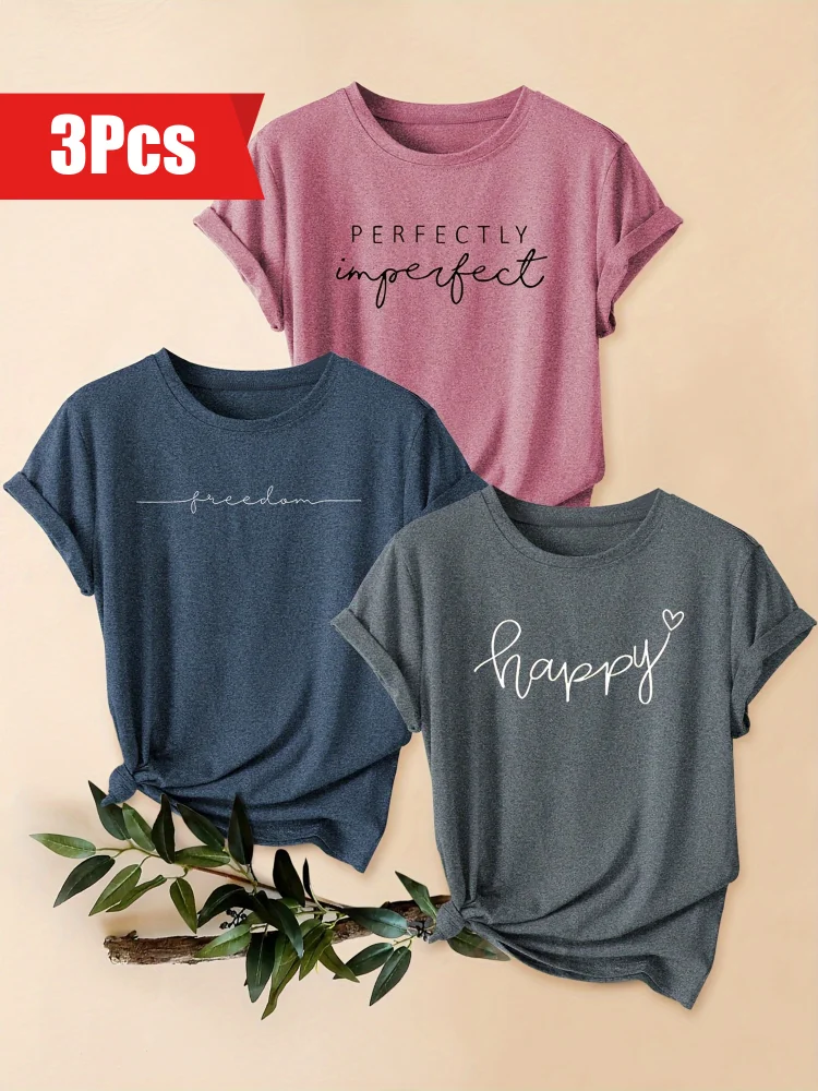 3pcs Vintage Women's Graphic Tee, Art Letter Round Neck Short Sleeve T-Shirt, Casual Sports To