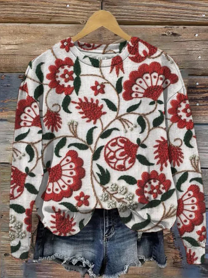 Women's Floral Embroidery Pattern Art Print Retro Sweatshirt
