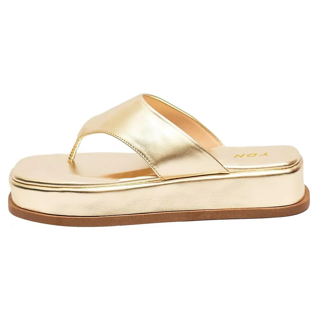 YDN Gold Vegan Leather Flip Flops Open Toe Platform Sandals
