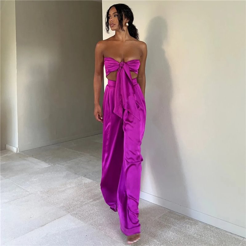 Kochimaru Cryptographic Sexy Strapless Satin 2 Piece Sets Outfits for Women Summer Club Party Elegant Fashion Matching Sets Top and Pants