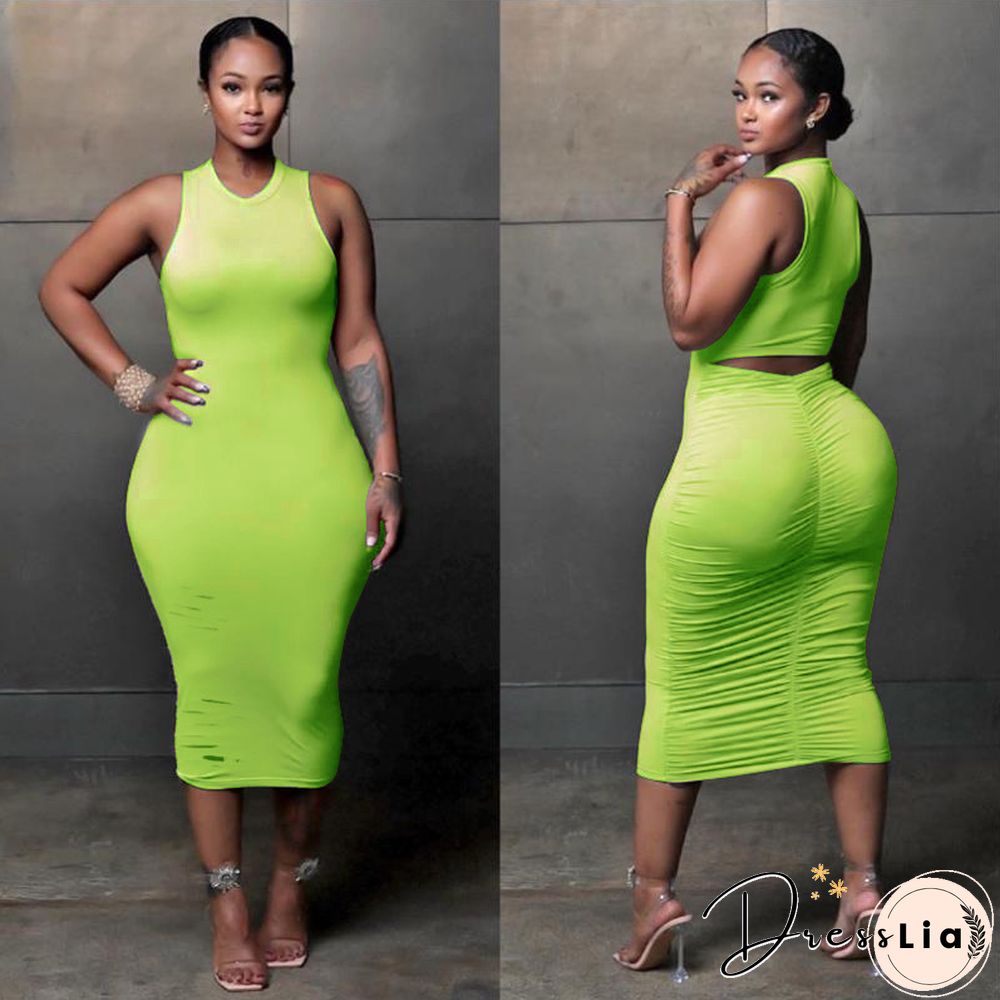 Solid Color Sleeveless Holes Draw Pleated Dresses