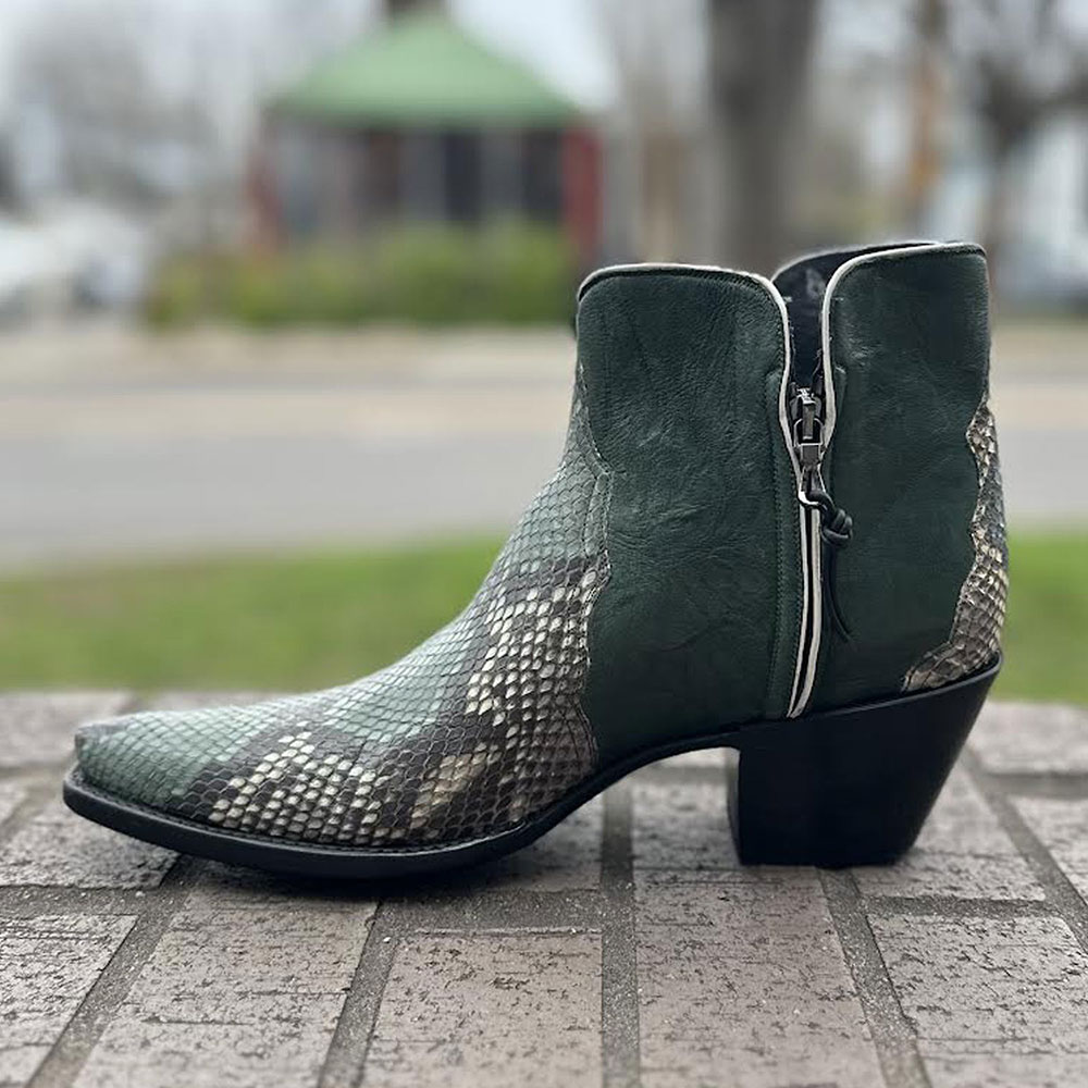 Green Python Pointed Toe Chunky Heel Short Western Boots for Women Nicepairs