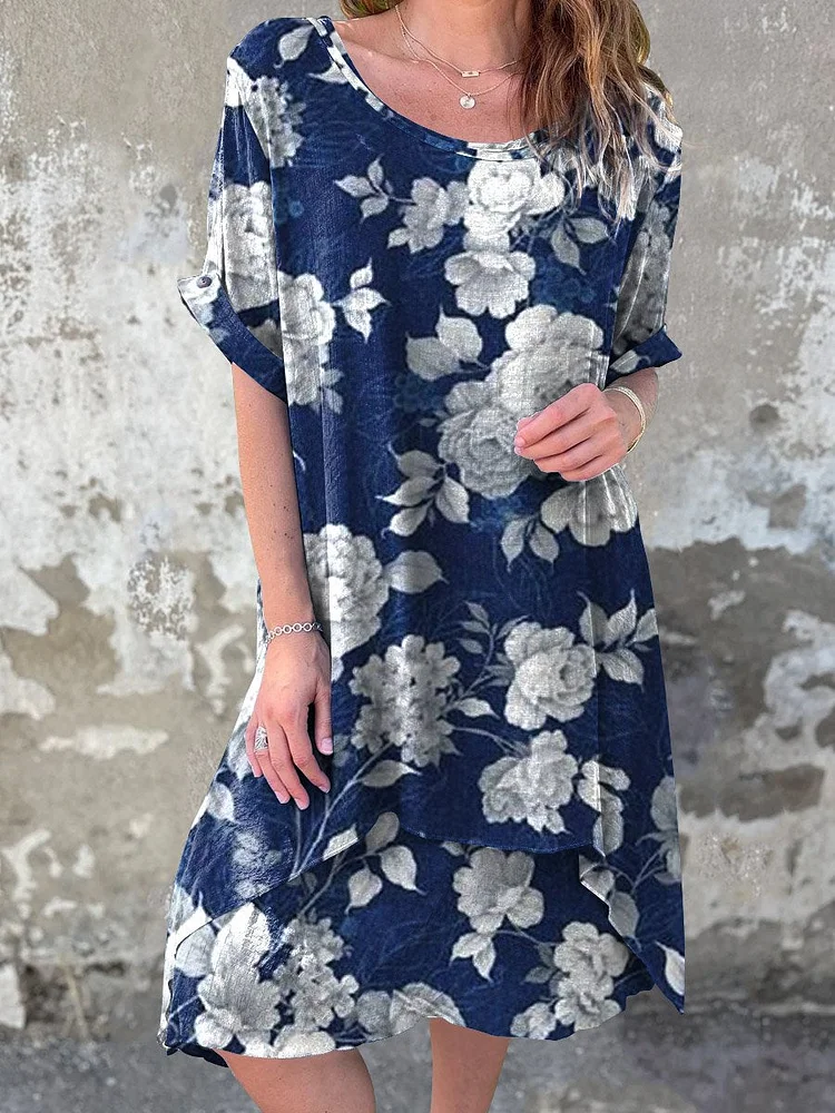Women's Summer Vintage Floral Art Casual Round Neck Cotton Dress