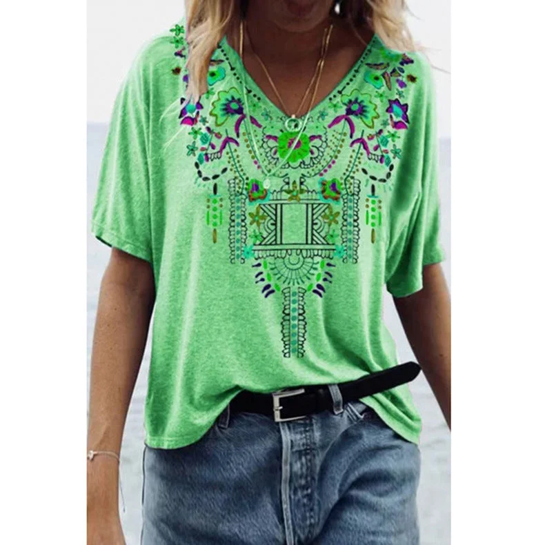 Spring and summer new print ethnic style V-neck short sleeve T-shirt