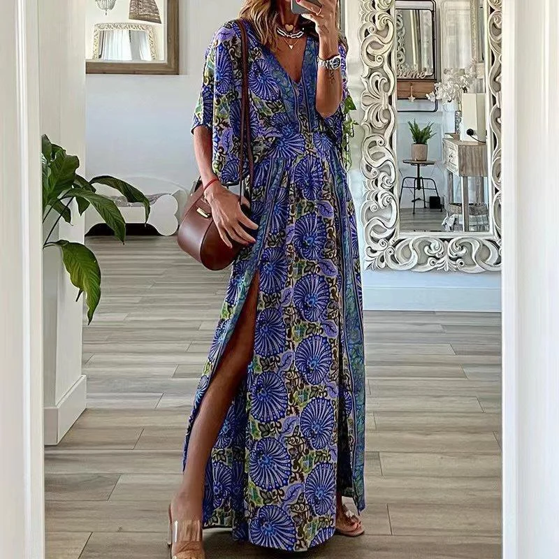Ueong Ueong 2023 New Fashion V-Neck Short-Sleeved Loose Bohemian Side Slit Dress Print Dress