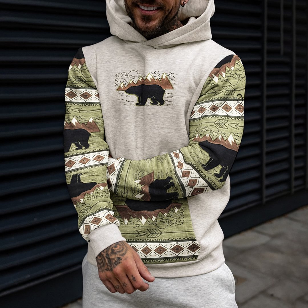 Men's Casual Bear Ethnic Geometric Colorblock Hooded Sweatshirt、、URBENIE