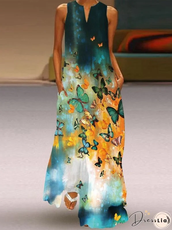 Printed V-Neck Sleeveless Long Skirt With Pocket European Dress
