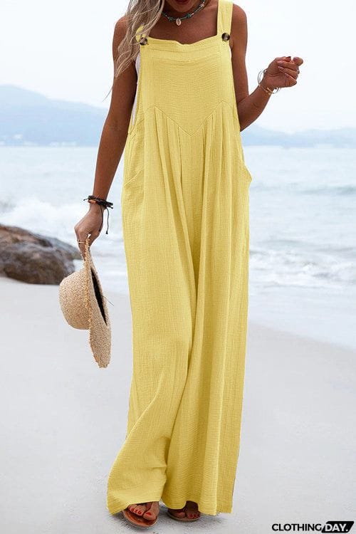 Solid Button Sling Wide-Leg Jumpsuit