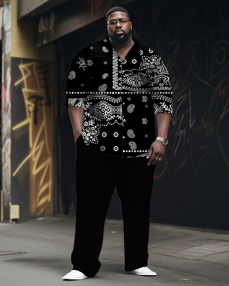 Men's Plus Size Monochrome Cashew Pattern Long Sleeve Lapel Shirt 2-piece Set