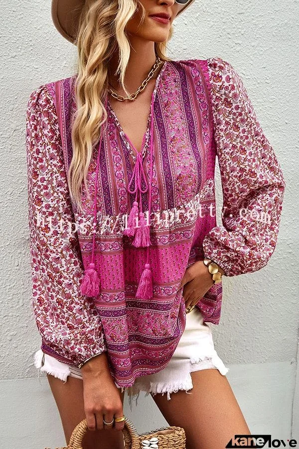 Romantic Season Boho Print Tassel Long Sleeve Shirt