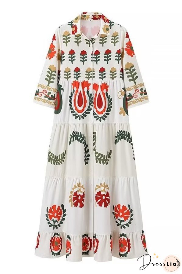 Positioning Plant Leaf Print Long Dress