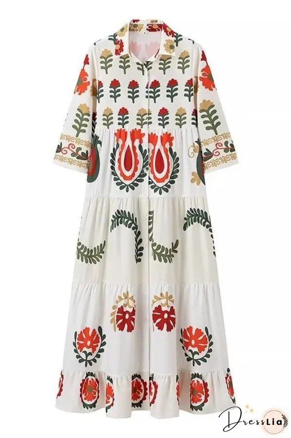 Positioning Plant Leaf Print Long Dress