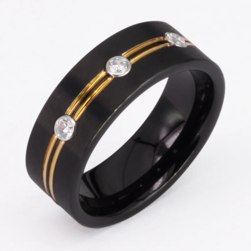 8MM Women's Or Men's Black Flat Tungsten Carbide Rings with Gold Grooved and Zircon Inlay