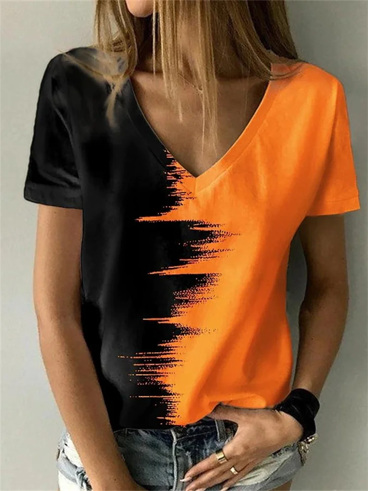 Contrast Color Graffiti V Neck T Shirt