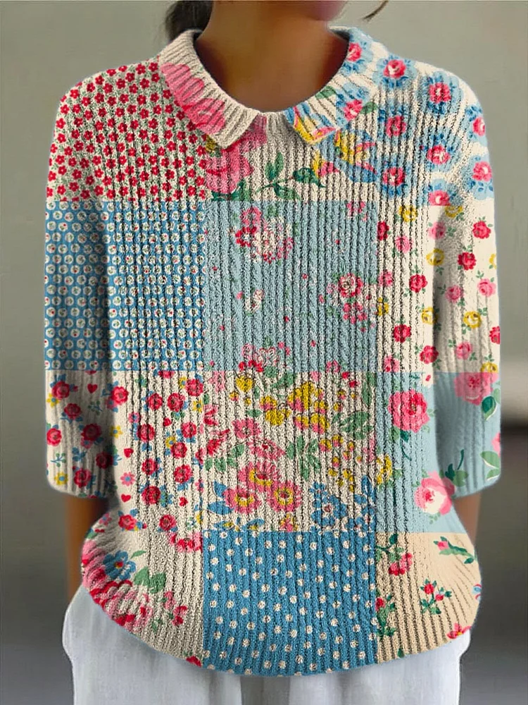 Women's Vintage Floral Art Print Casual Pullover Sweater