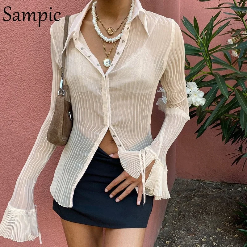 Sampic Sexy Women Basic Long Sleeve Skinny T Shirt Tops 2021 Autumn Winter Fashion Chic See Through Chiffon Pleated Blouse Shirt