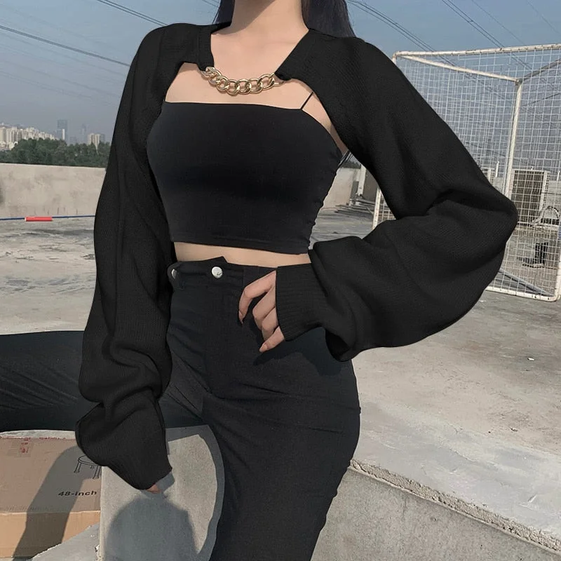 InsGoth Punk Metal Chain Black Cardigan Gothic Harajuku Hollow Out Cropped Sweater Streetwear Chic Sexy Long Sleeve Women Tops
