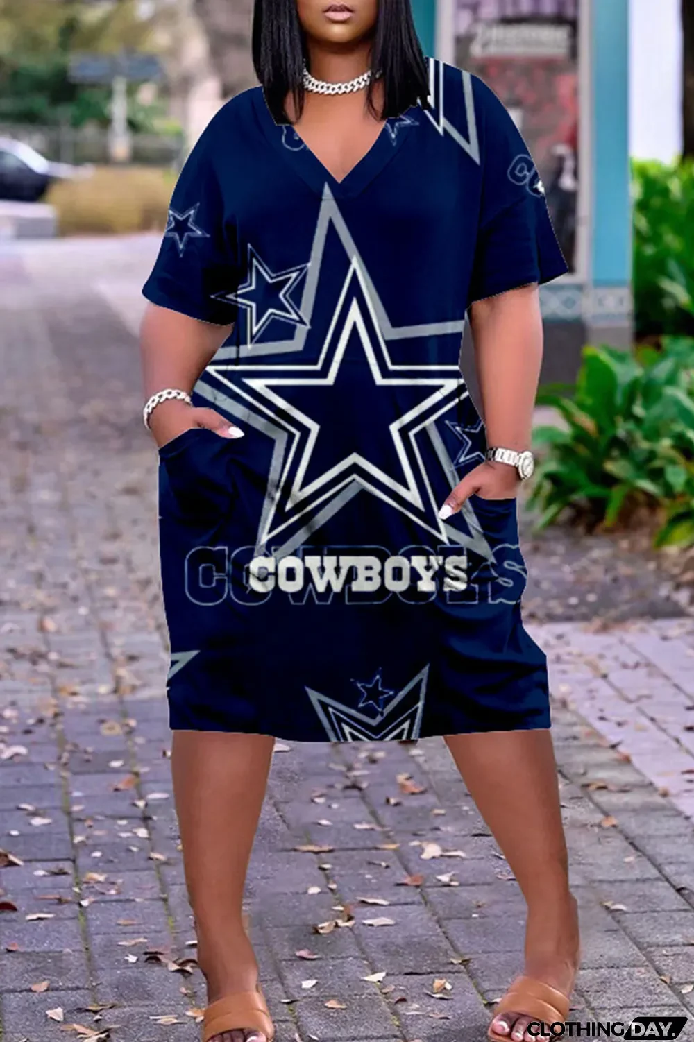 Blue White Casual Print Patchwork V Neck Straight Dresses