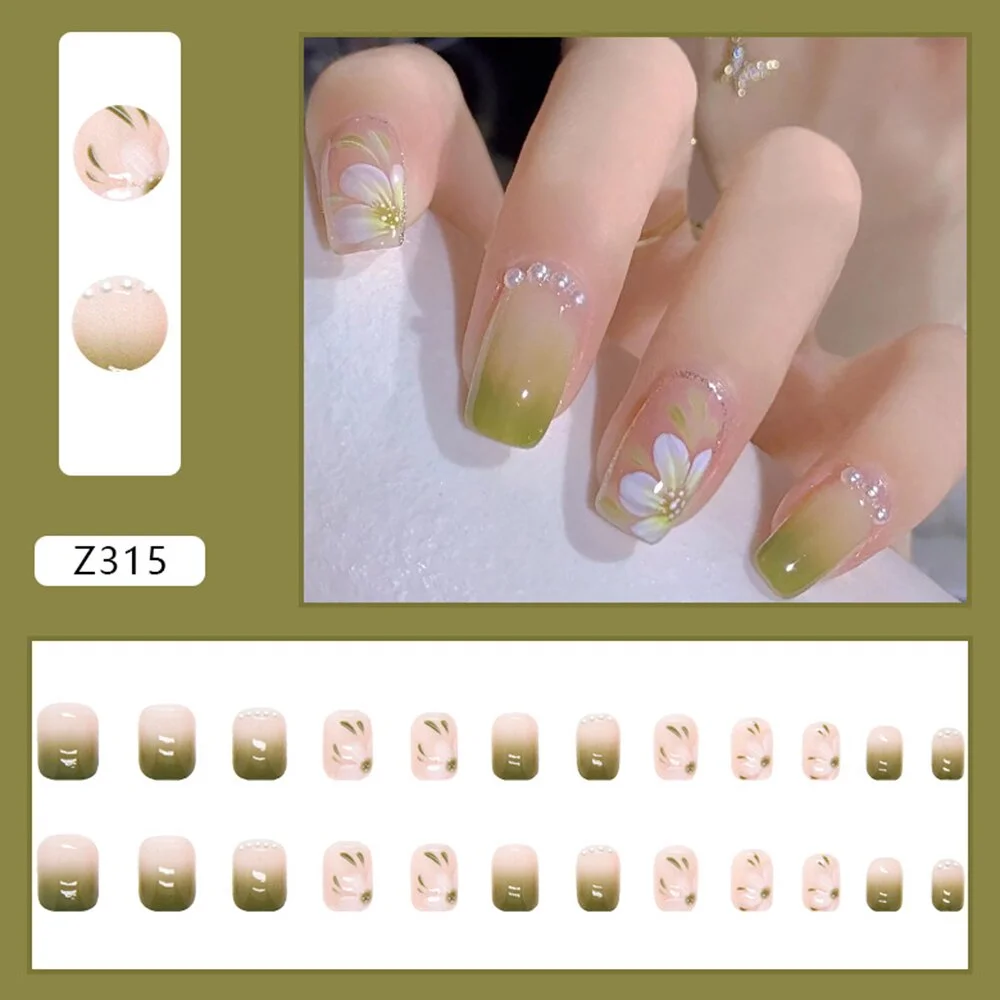 Churchf False Nails 24pcs Gentle Fresh Green False Nail Spring Flower Wearable Fake Nail For Women Japanese Nails