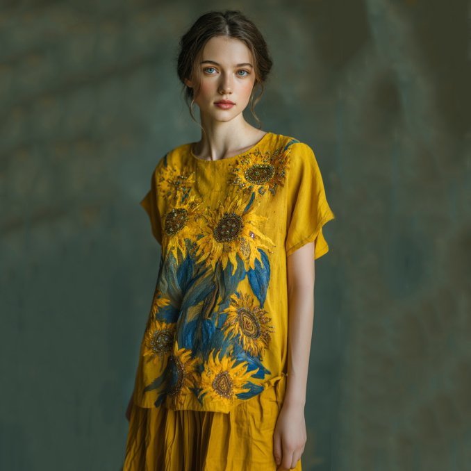 Sunflower Hand-beaded Embroidery Oil Painting Style Linen T-shirt  artssus