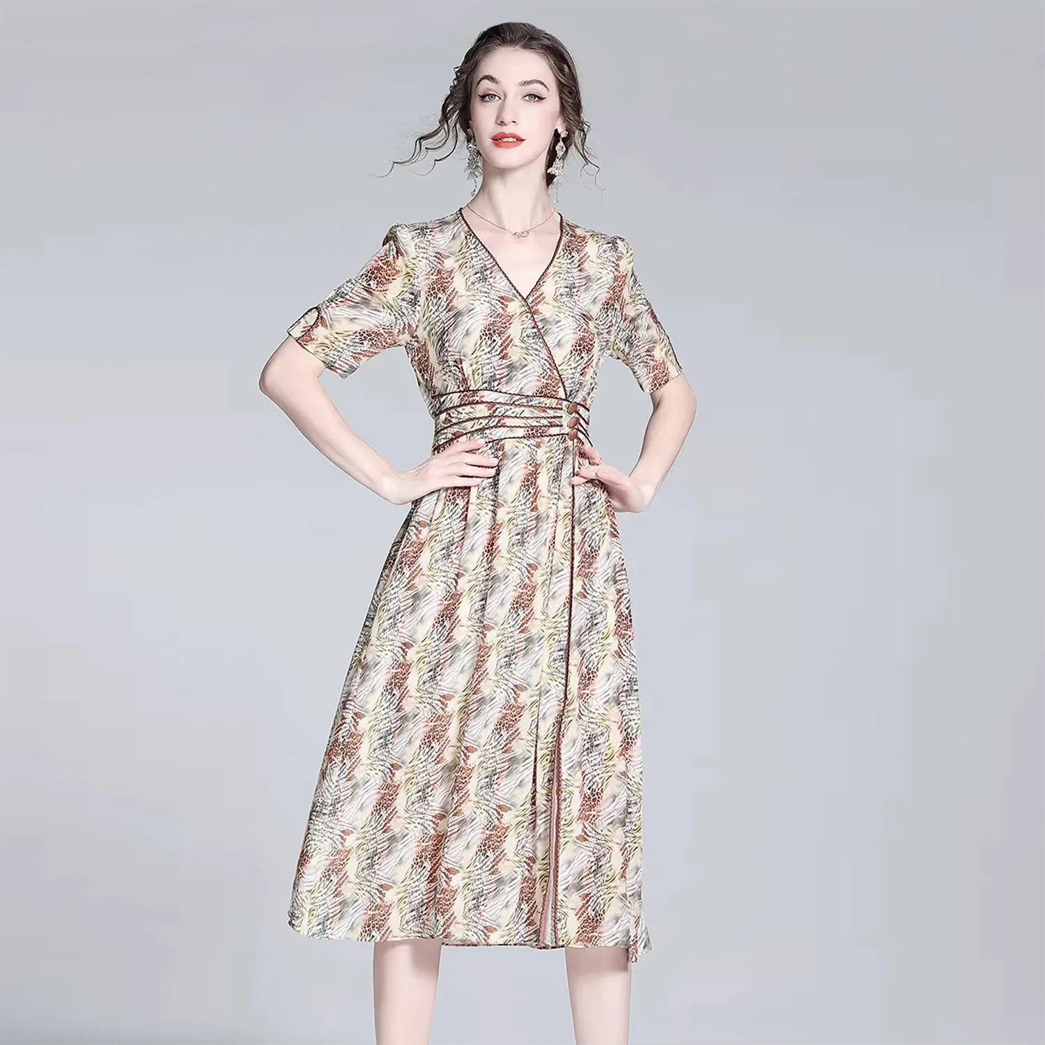 100% Silk Dress V Neck Waist-Cinching Vacation Style REAL SILK LIFE