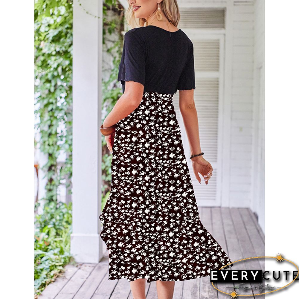 Black Floral Print Splicing V Neck Dress with Slit