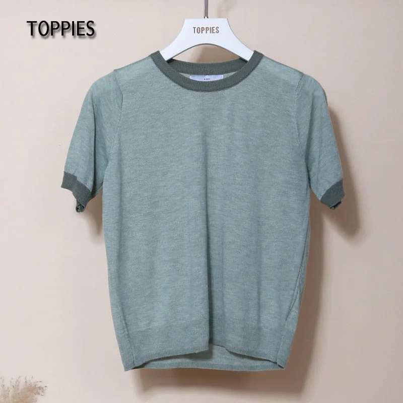 Toppies Summer Knitted T-shirts Women Short Sleeve Tops Tee Contrast Color Slim T-shirts O-neck Clothes