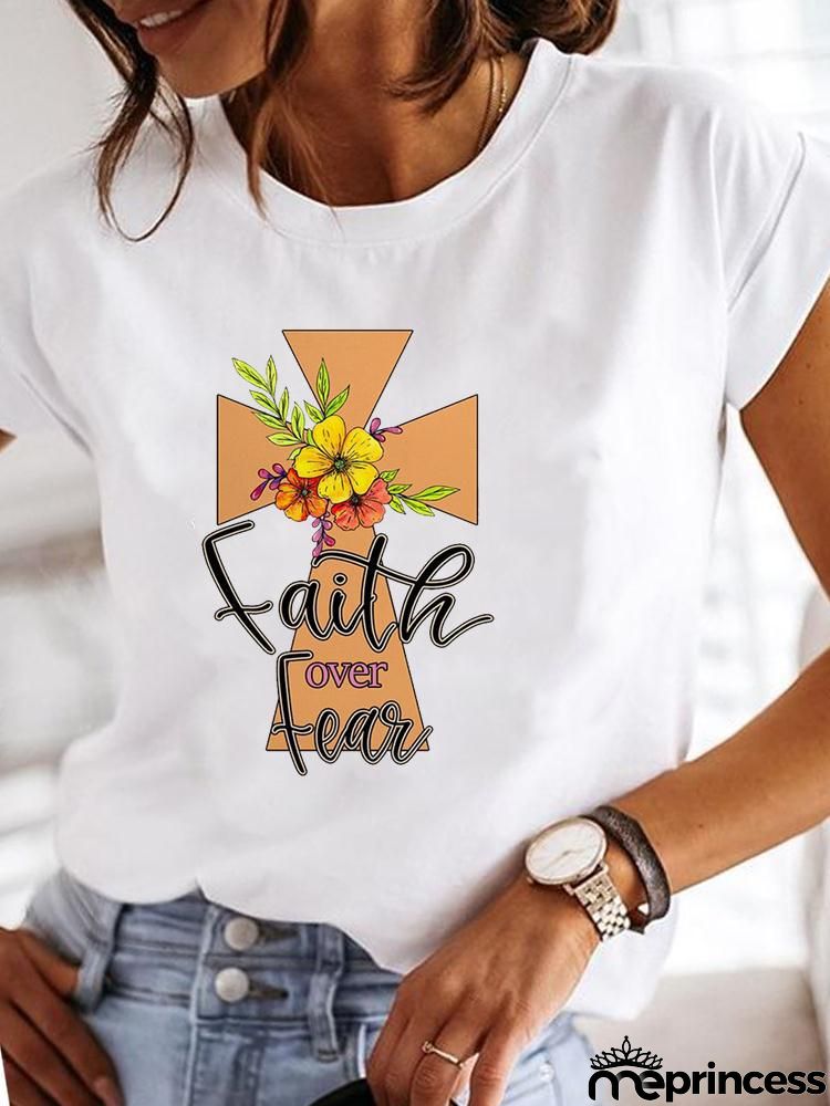 Women Fashion Base Letter Sunflower Cross Print Round Neck Short Sleeve T-Shirt