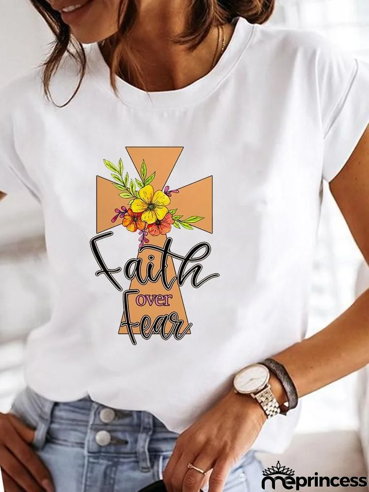 Women Fashion Base Letter Sunflower Cross Print Round Neck Short Sleeve T-Shirt