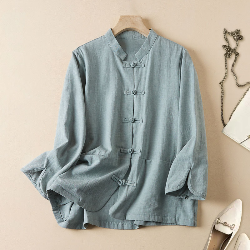 Literary buckle stand collar cotton linen cardigan top
