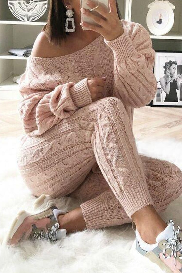 Xpluswear Plus Size Casual Pink O Neck Long Sleeve Sweater Two Pieces Pants Set
