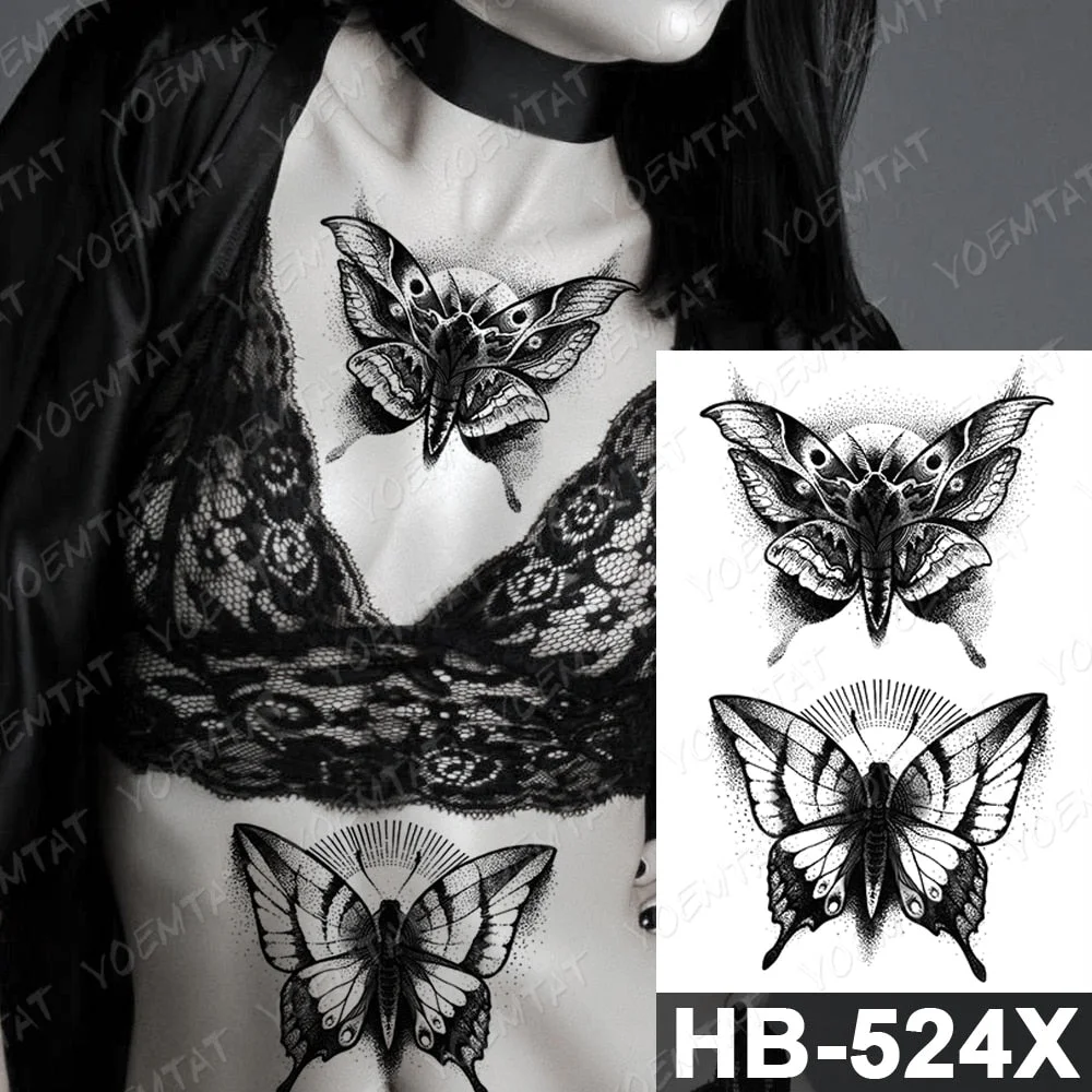 Waterproof Temporary Tattoo Sticker Dark Butterfly Sexy Woman Back Waist Flash Tatoo Girl Body Art Fake Tatto 3D Realistic Man