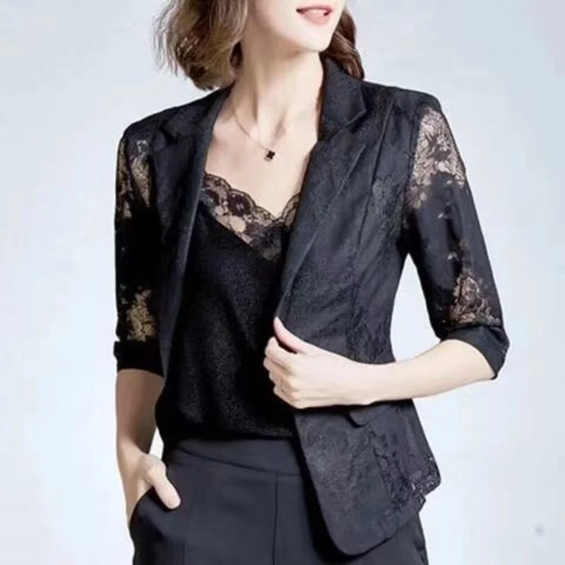 Jangj Hollow Out Lace Solid Color Blazer 2022 Korean Style Fashion Suit Long Sleeve Single-breasted Casual Blazer for Female