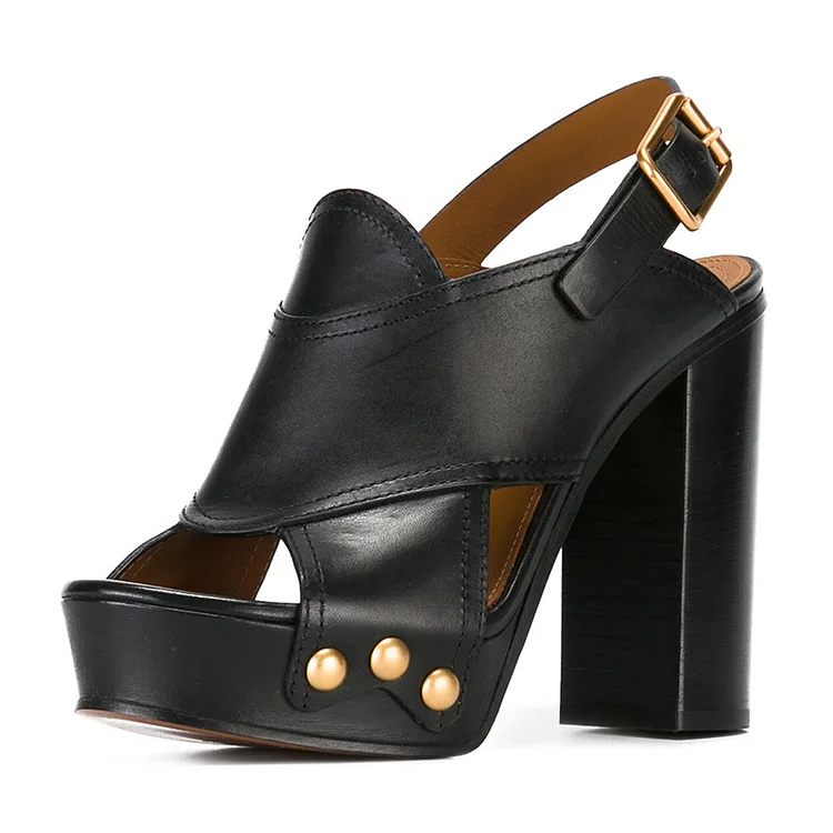 Black Slingback Shoes Open Toe Platform Sandals Chunky Heels |FSJ Shoes