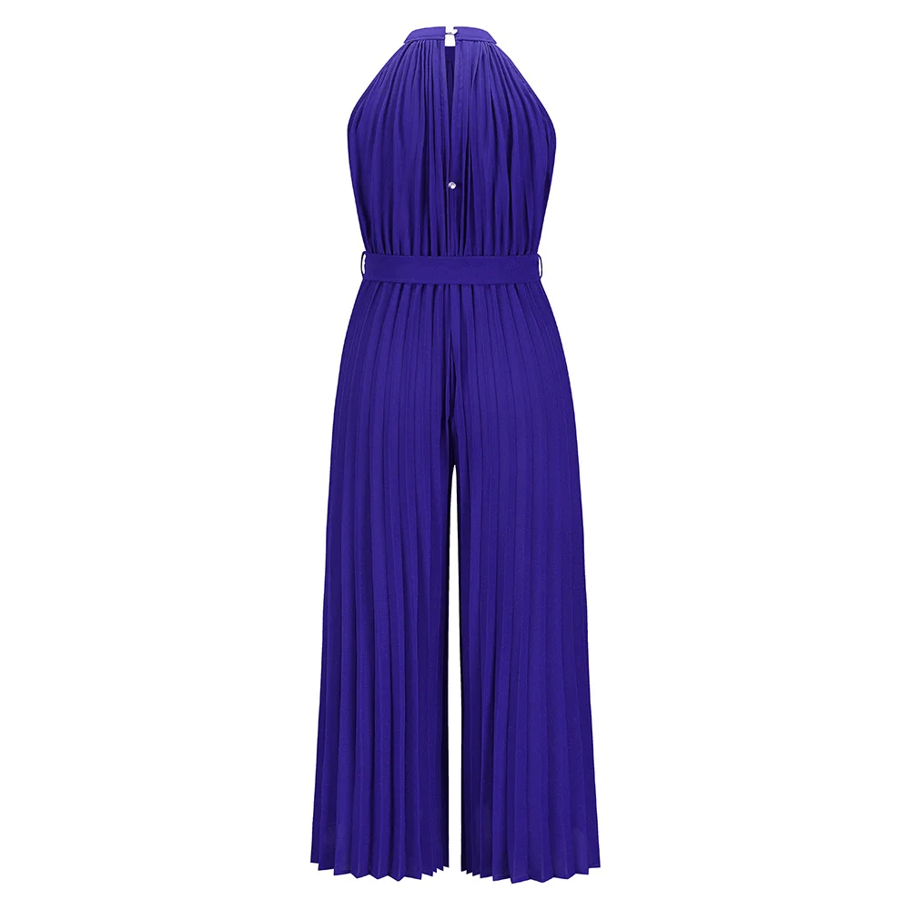 Sexy Haltered Sleeveless Pleated Jumpsuits For Summer Women Jumpsuits New Casual Lace-up Slim Fit Pleated Jumpsuit