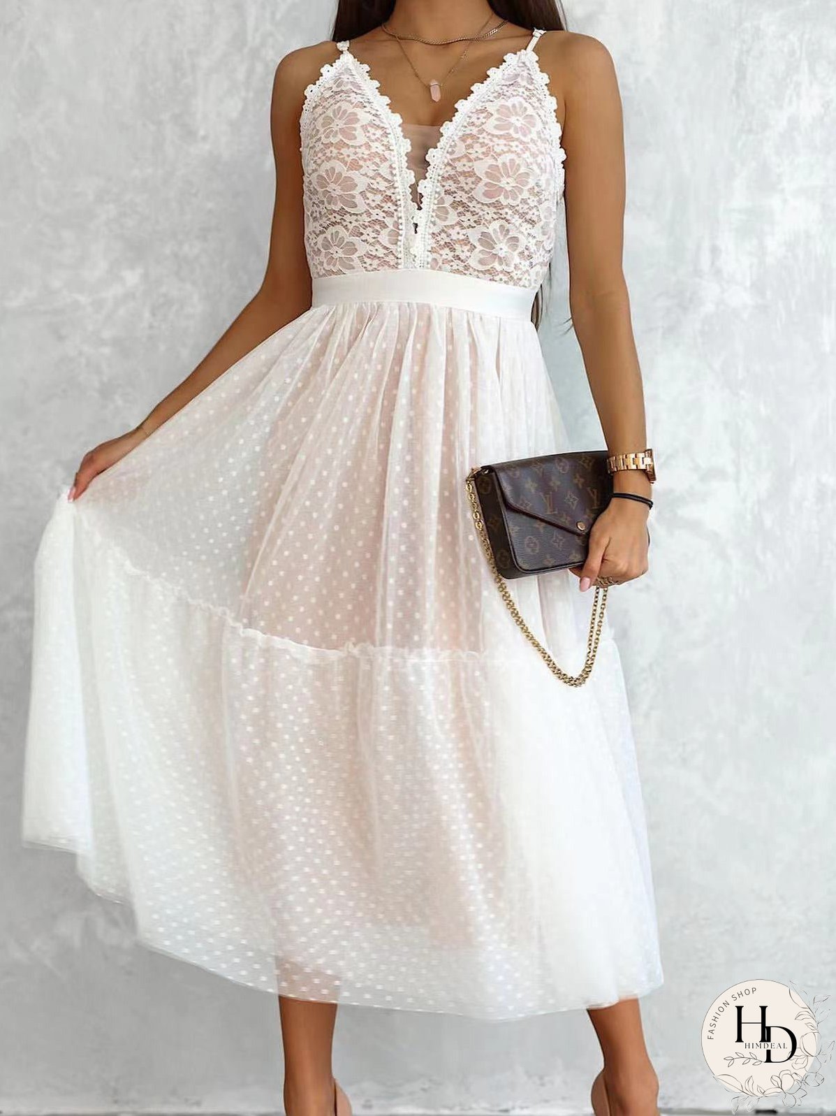 Dresses Sling V-Neck Polka Dot Lace Mesh Dress for Women