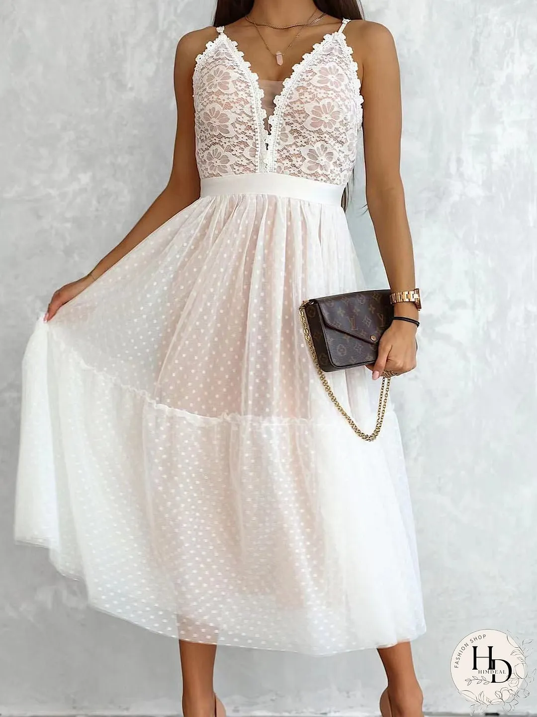 Dresses Sling V-Neck Polka Dot Lace Mesh Dress for Women