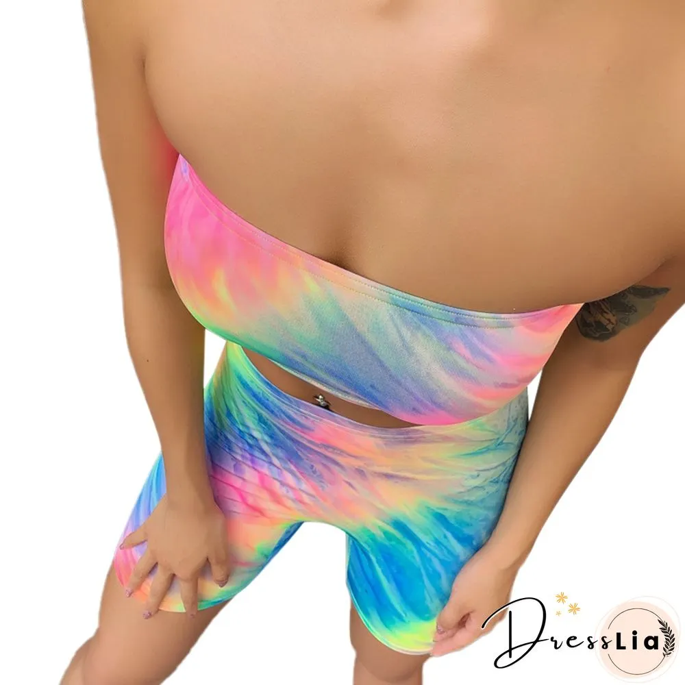 Summer Women Outfits Two Pieces Set Tie-dye Print Tube Top Shorts Casual Off Shoulder