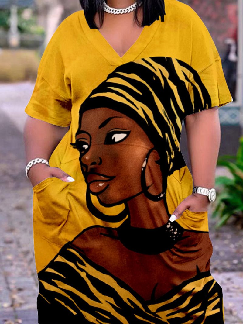 African Lady Figure Printing V-neck Casual Plus Size Dress With Pockets