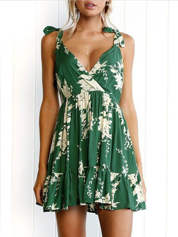 Green Lace-up V-back Printed Mini Dress