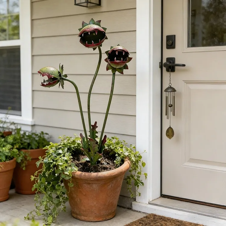 Whimsical Metal Venus Flytrap Garden Stake &ndash; Handcrafted Outdoor Carnivorous Plant Decor &ndash; Unique Gardening Gift