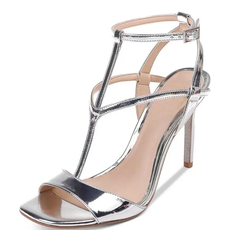 TAAFO T-tied Basic Women's Sandals Silver Buckle Strap High Thin Heels Ladies Leisure LargeShoes