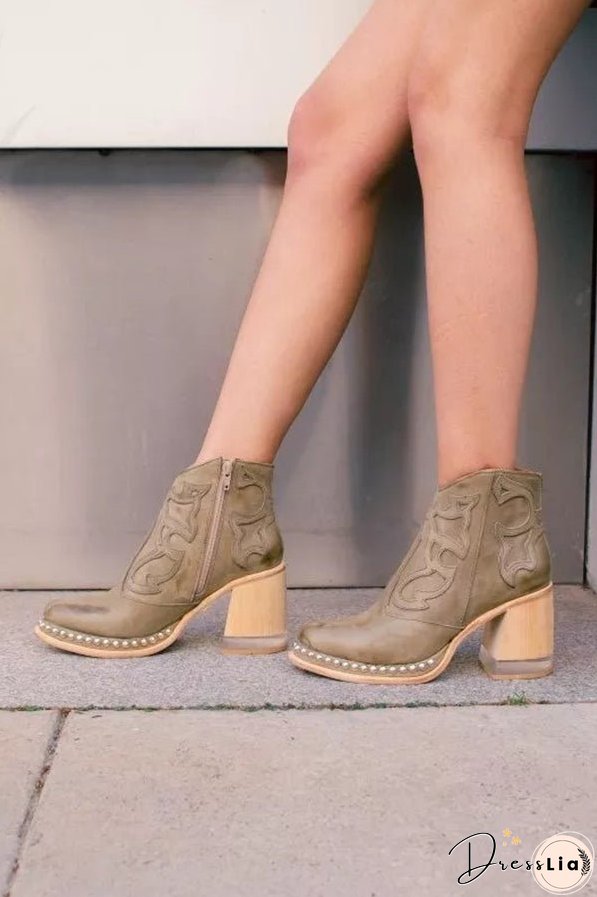 Stylish Embroidered Rivet Welt Acrylic Crystal High Heel Boots