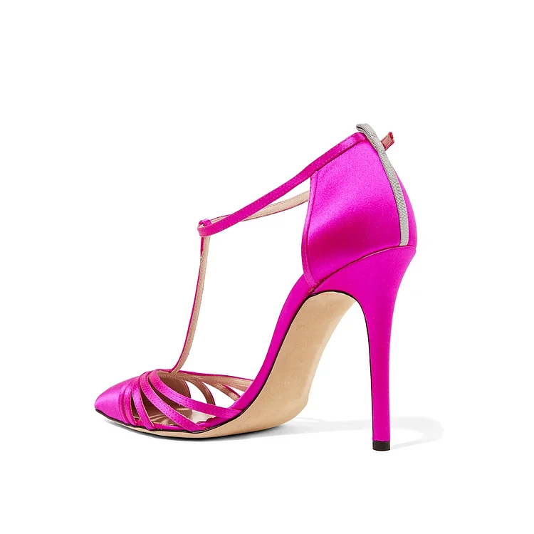 Hot Pink T Strap Sandals Satin Closed Toe Stiletto Heels |FSJ Shoes