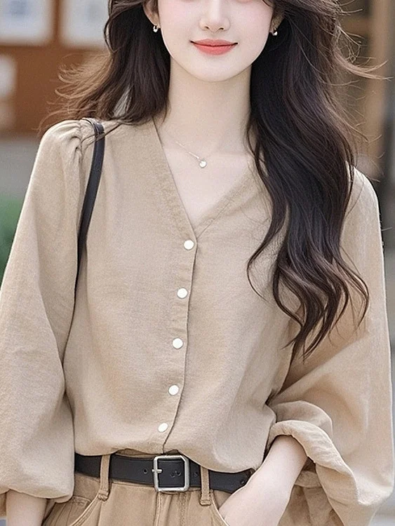 Athvotar Athvotar V-Neck Lantern Sleeve Top Women's Dress 2025 New Early Spring Ocean Design Wears French Chic Shirt