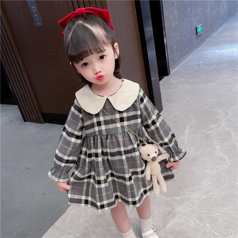 Children Plaid Dress Cute Toddler Princess Dresses Spring & Autumn Preppy Style Kids Clothes Long Sleeve Cotton Girls Dress 2021